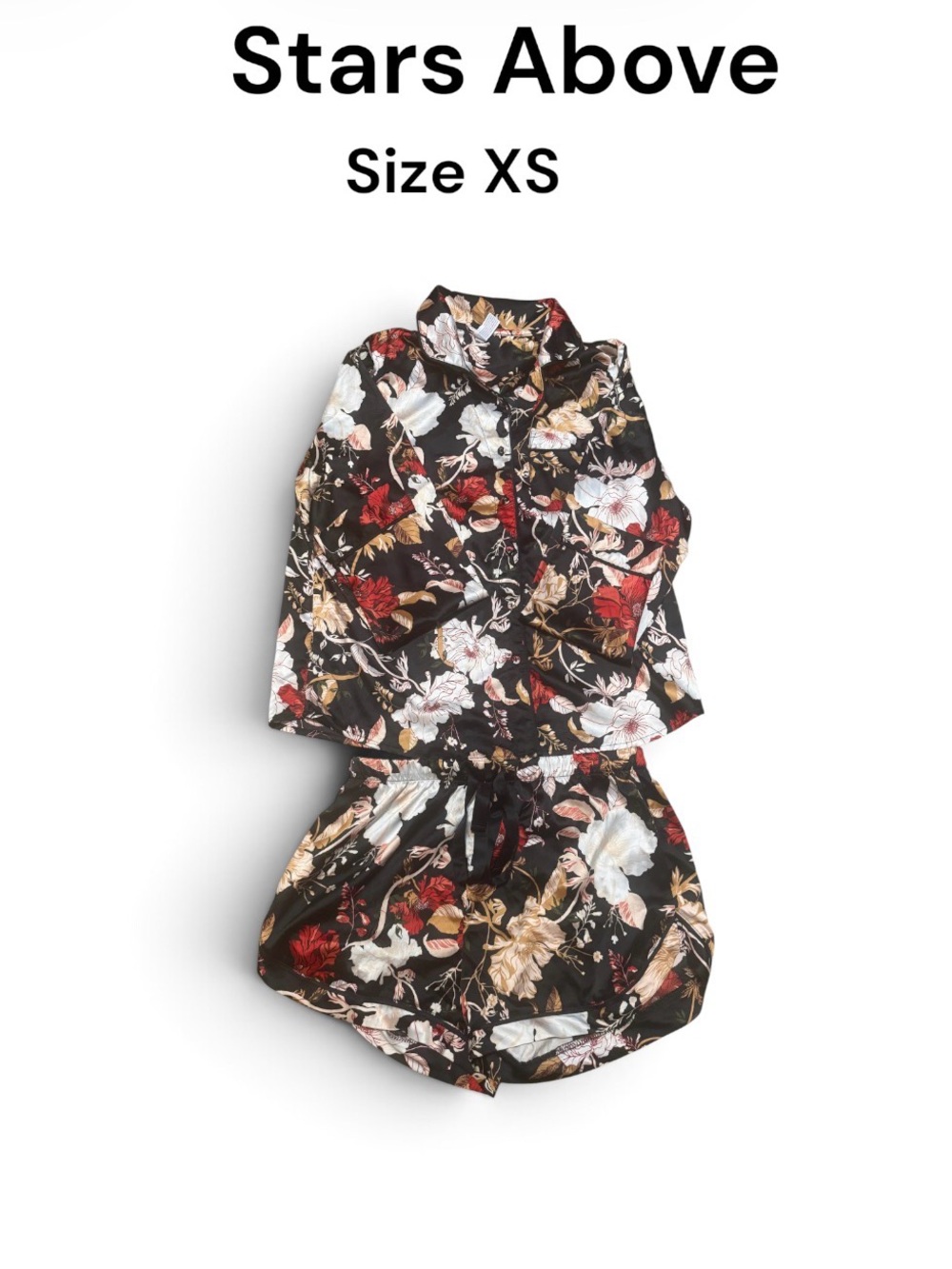 Floral Satin Pajama Set in Black - XS